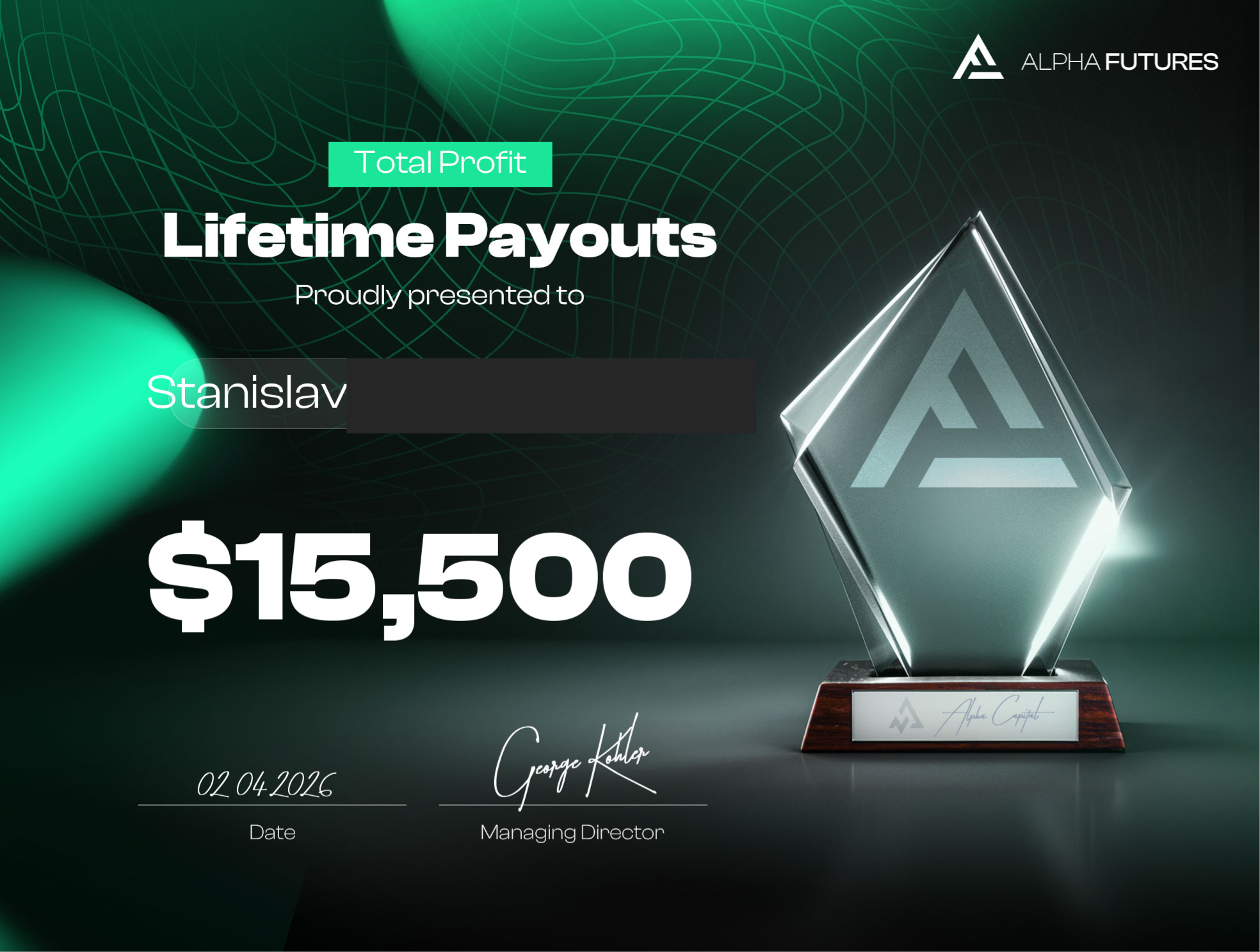 Alpha Futures Lifetime Payouts